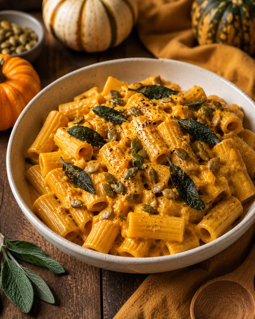 A bowl of rigatoni pasta in creamy pumpkin sauce, topped with crispy sage leaves and pumpkin seeds, sits on a wooden table with small pumpkins and a sage sprig nearby.