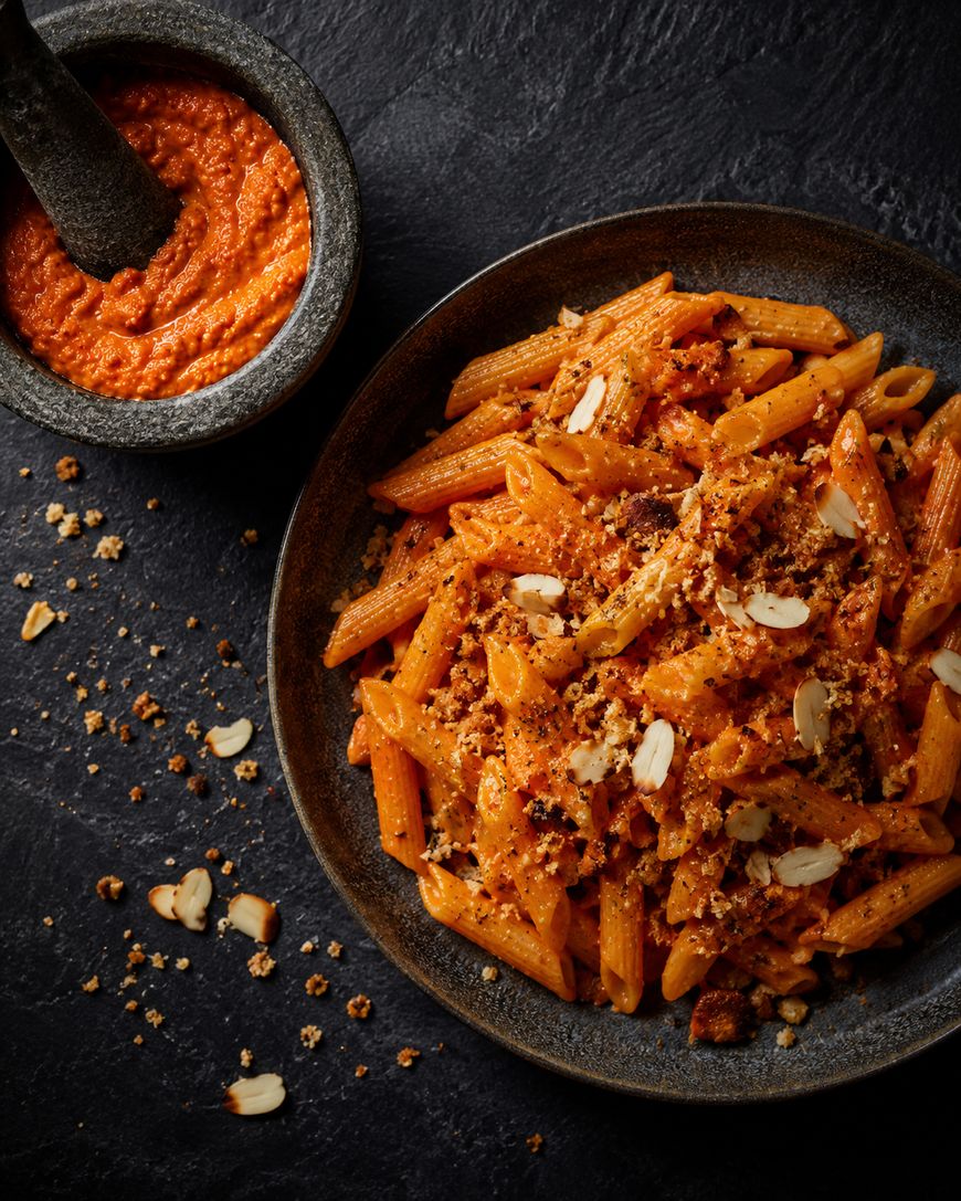 A bowl of penne pasta with red sauce, topped with breadcrumbs and sliced almonds, sits next to a small bowl of sauce with a spoon on a dark textured surface.