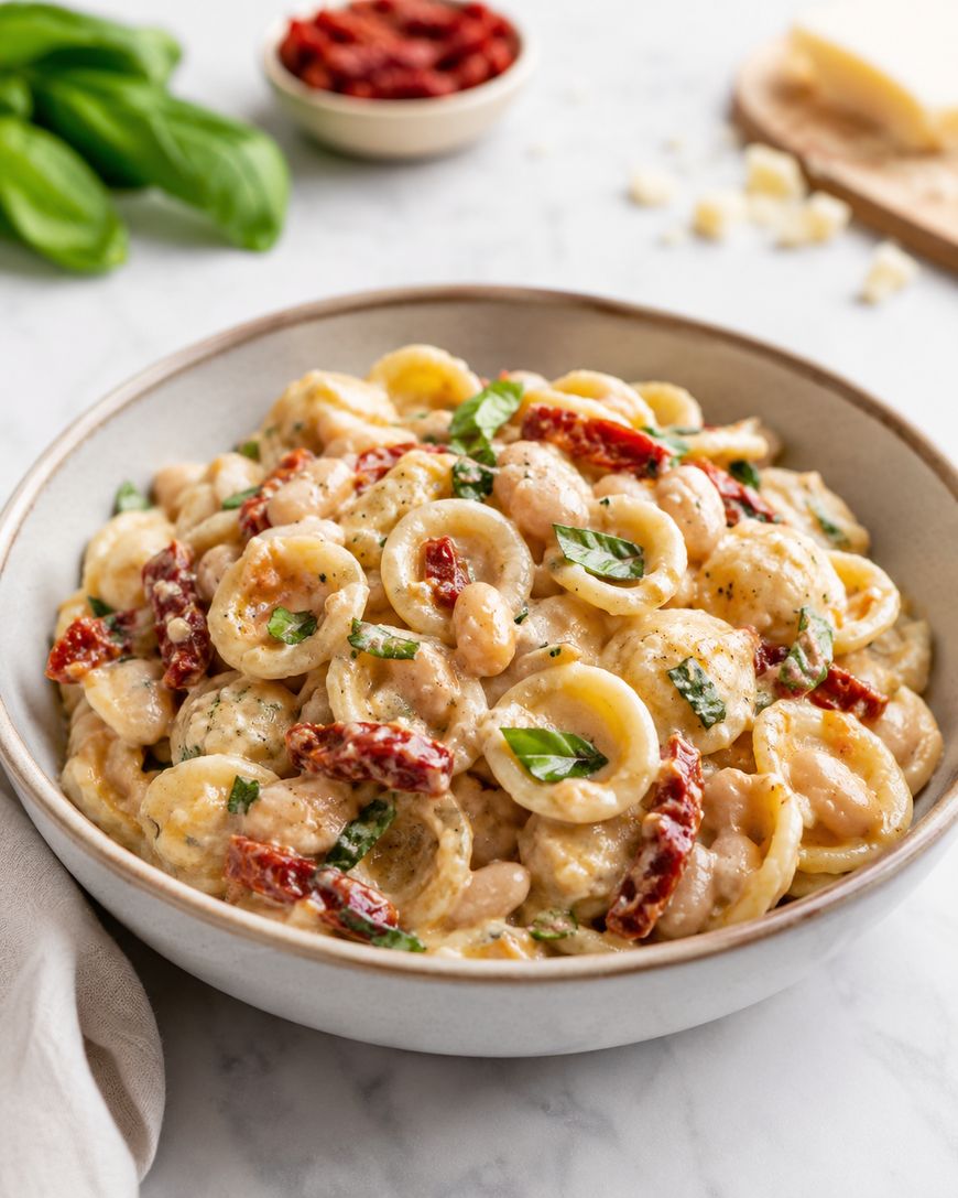 A bowl of creamy orecchiette pasta with sun-dried tomatoes, white beans, and fresh basil, on a light marble surface. A block of cheese, basil leaves, and a bowl of sun-dried tomatoes are in the background.