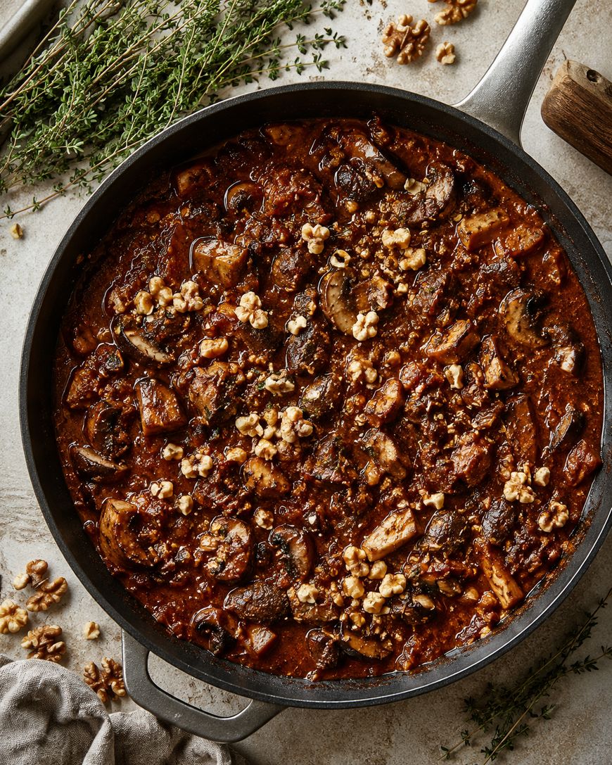 A skillet filled with a rich, chunky tomato-based sauce containing mushrooms and walnuts, garnished with fresh thyme. The skillet sits on a light surface with thyme sprigs and scattered walnuts nearby.