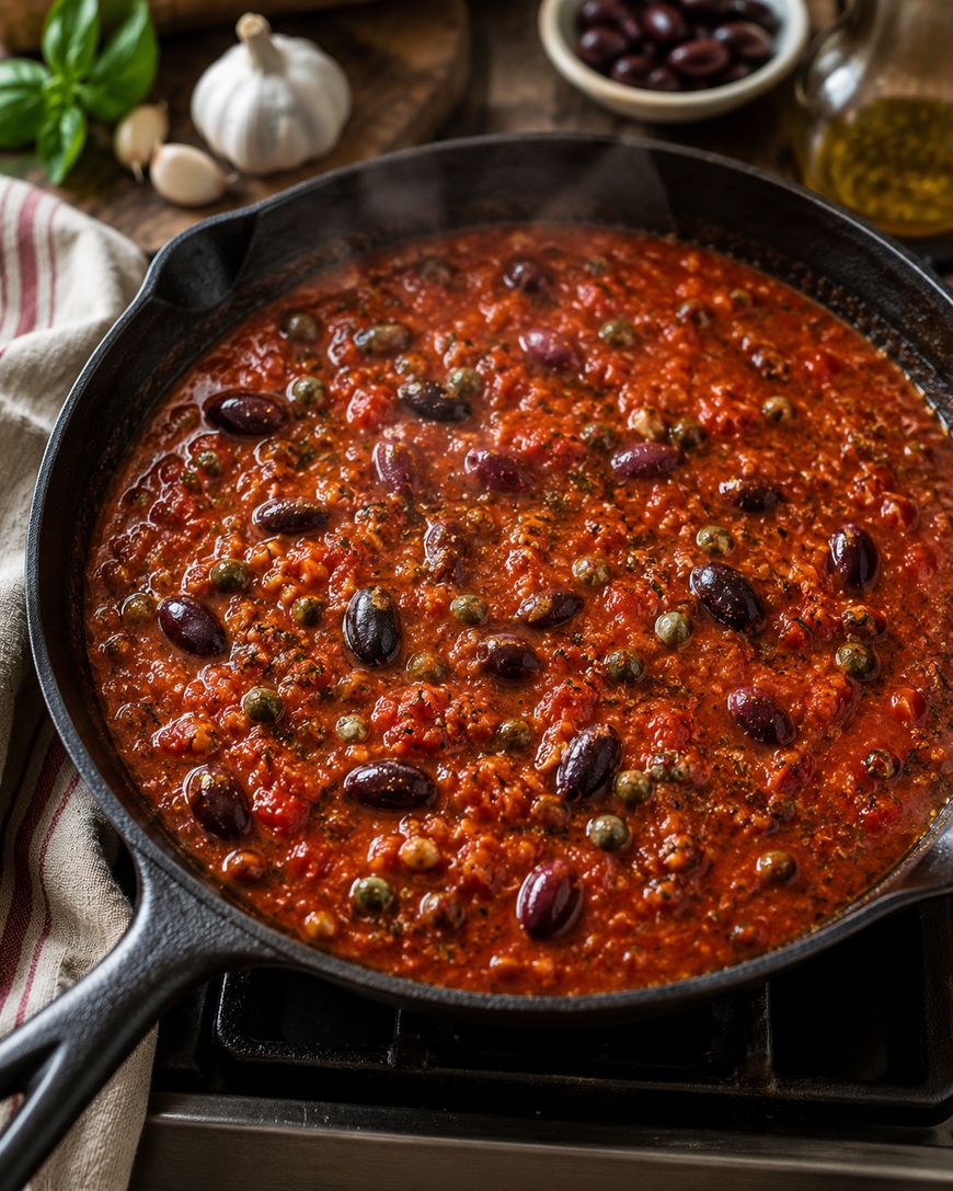 A skillet filled with tomato-based pasta sauce, cooked with olives, capers, herbs, and ground meat, sits on a stovetop. Garlic, olives, and olive oil are visible in the background.