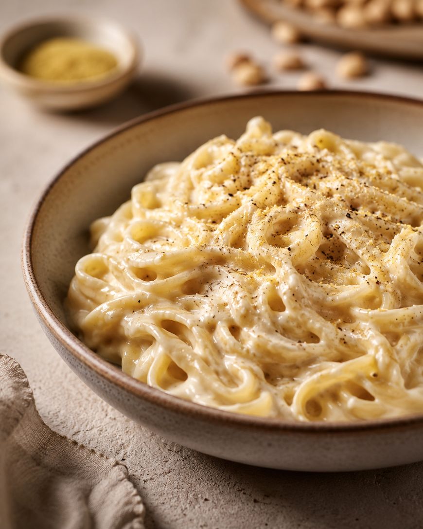 A bowl of creamy fettuccine pasta topped with ground black pepper sits on a light-colored surface, with a small dish of seasoning and some nuts in the background.