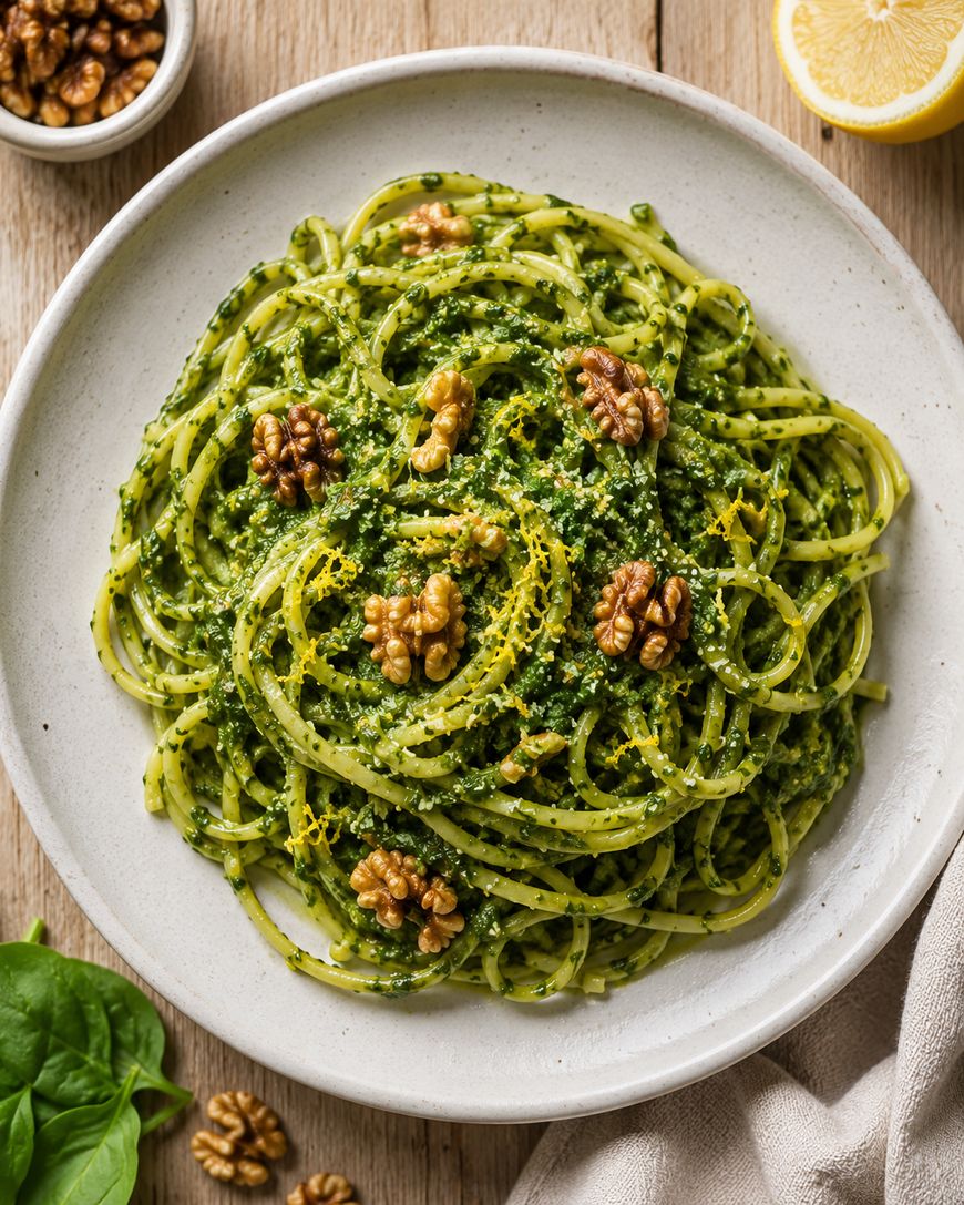 A plate of linguine pasta coated in green pesto sauce, garnished with whole walnuts and grated cheese. A lemon half, spinach leaves, and a small bowl of walnuts are nearby on a wooden table.