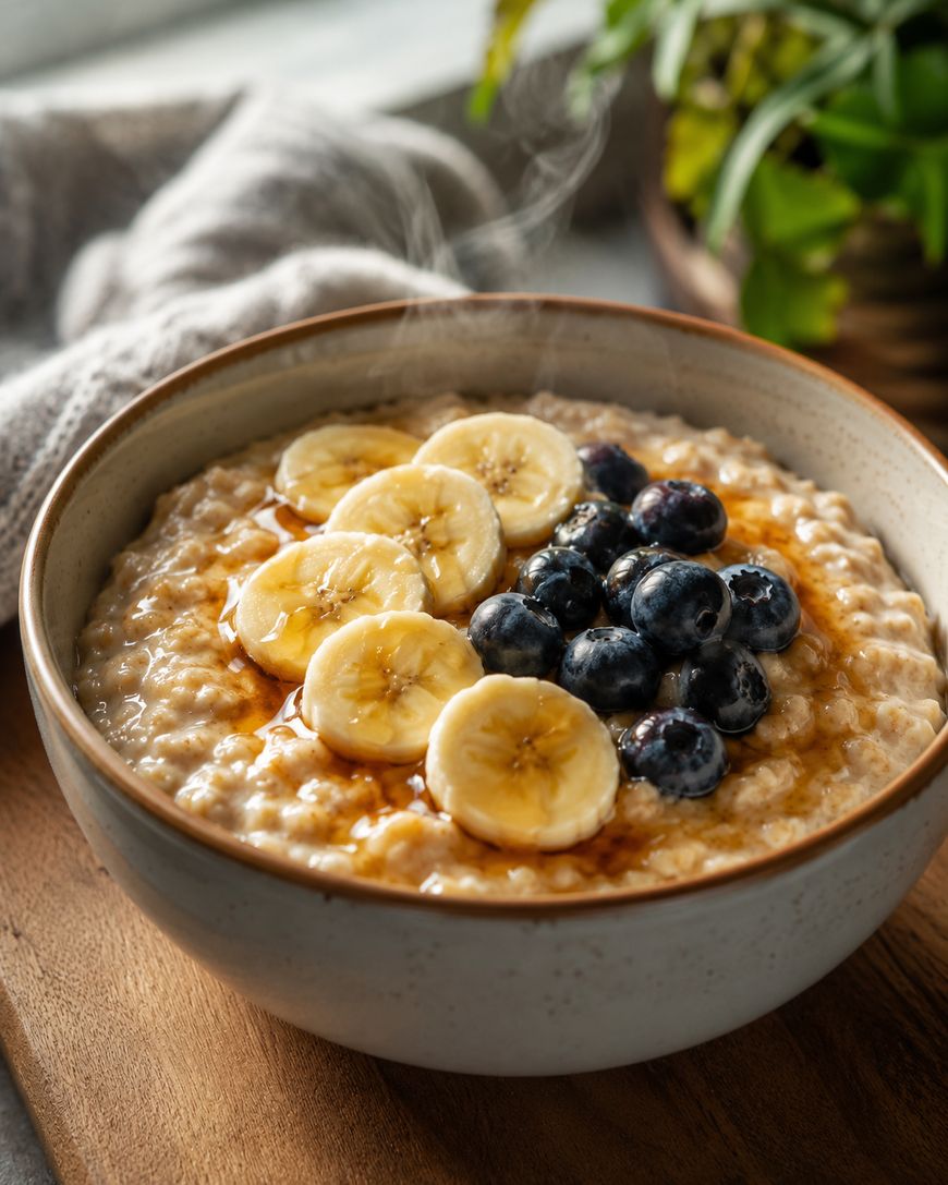 A bowl of oatmeal topped with banana slices, blueberries, and drizzled with syrup sits on a wooden board, with a plant and cloth napkin in the background. Steam rises from the warm oatmeal.