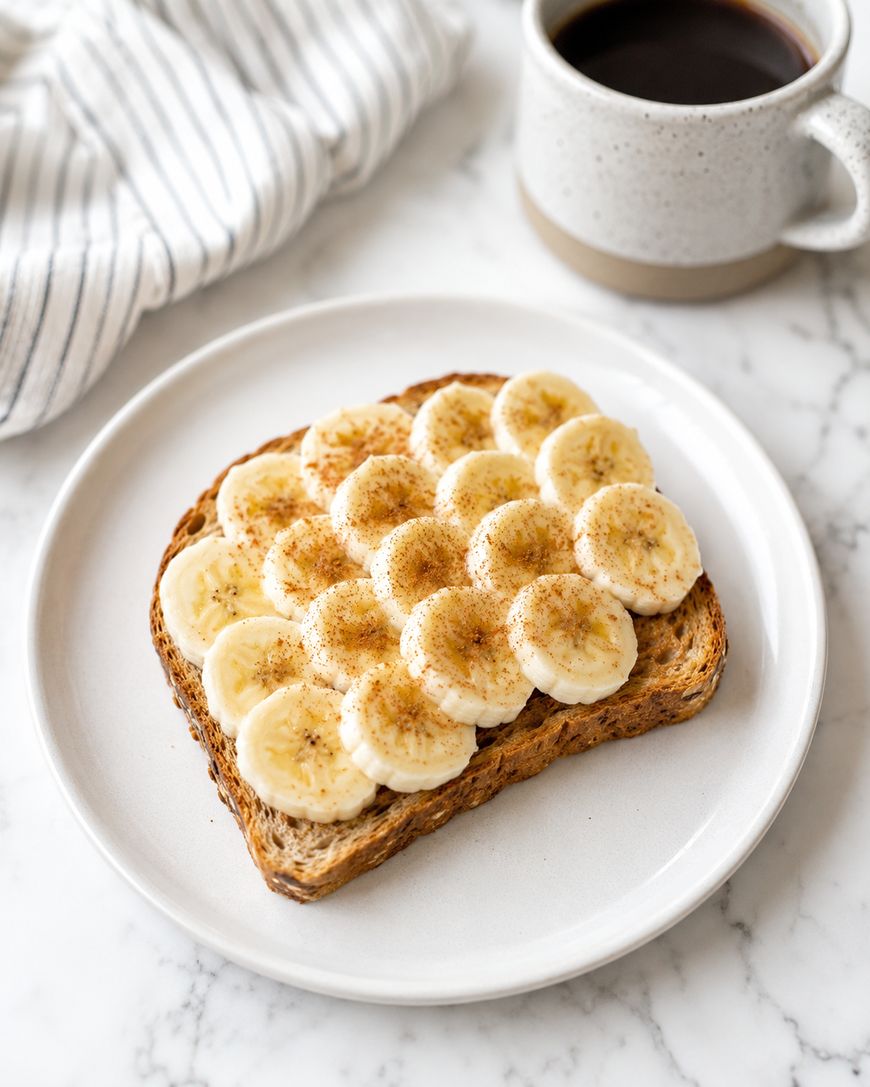 A slice of whole grain toast topped with banana slices and cinnamon on a white plate, next to a cup of black coffee on a marble surface.