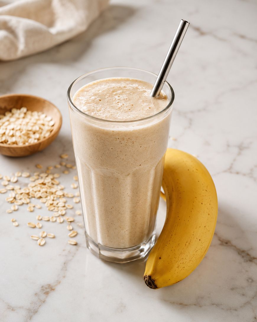 A glass of banana smoothie with a metal straw sits on a marble counter, next to a ripe banana and scattered rolled oats.