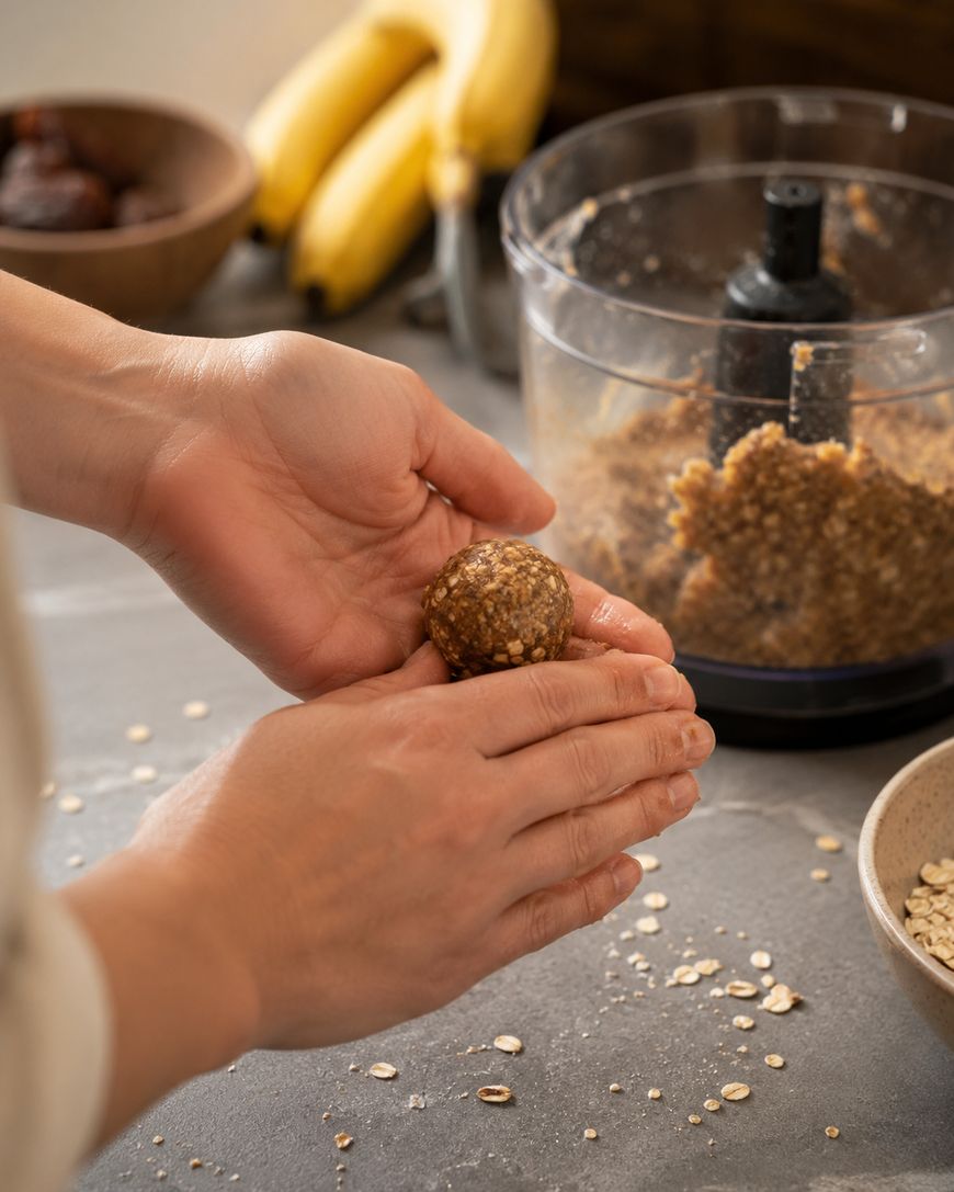 Hands shaping an energy bite from a mixture of oats and dates, with a food processor, bananas, and oats visible on the kitchen counter.
