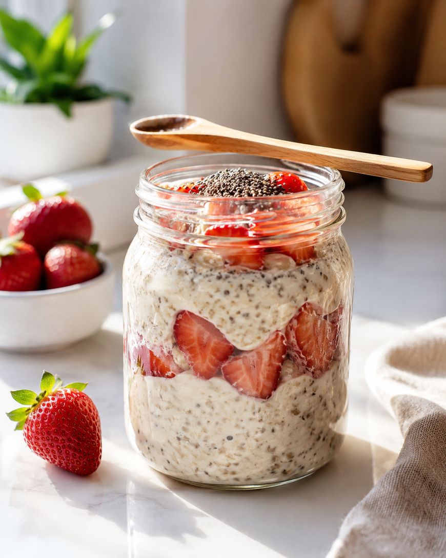 A jar of overnight oats with chia seeds, layered with sliced strawberries, topped with chia seeds and a wooden spoon. Sunlight streams in, highlighting fresh strawberries nearby.