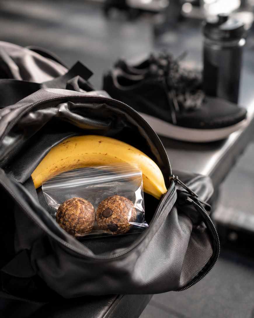 An open gym bag with a banana and two protein balls in a plastic bag. In the background are black athletic shoes and a water bottle on a bench.