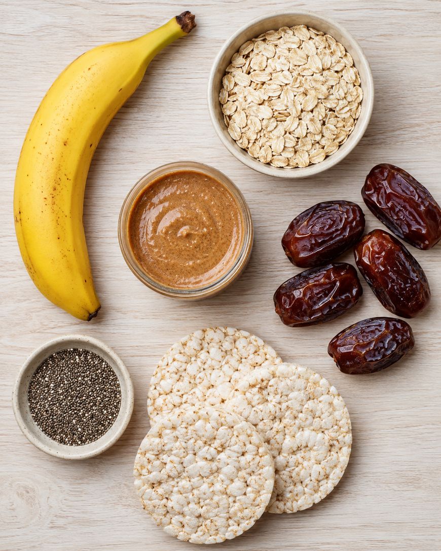 A banana, a bowl of oats, a jar of nut butter, five dates, a bowl of chia seeds, and three round rice cakes are arranged on a light wooden surface.