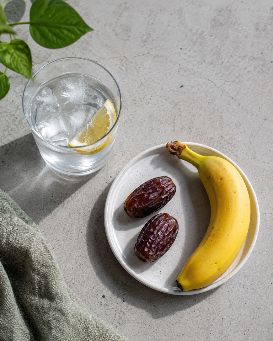 A glass of ice water with a lemon slice, a plate with a banana and two dates, and a green leaf and cloth on a light gray surface.