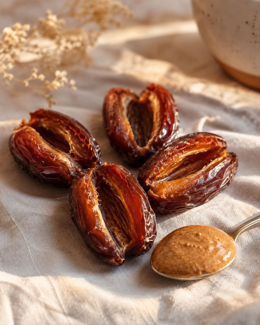 Four halved dates are arranged on a beige cloth, with a spoonful of nut butter nearby. Soft light casts gentle shadows, highlighting the dates glossy texture and the creamy brown spread.