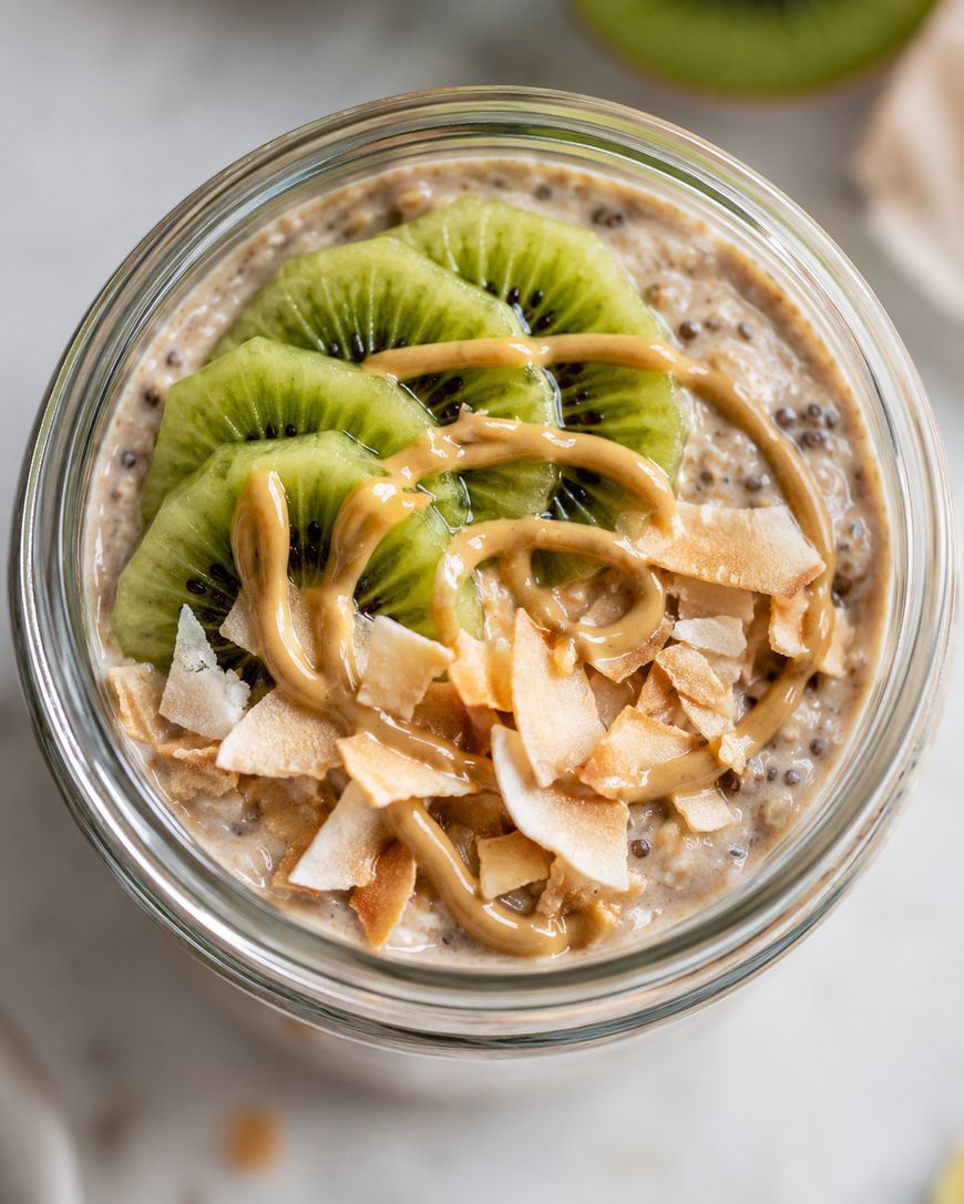 A glass jar filled with overnight oats topped with kiwi slices, toasted coconut flakes, chia seeds, and a drizzle of peanut butter.
