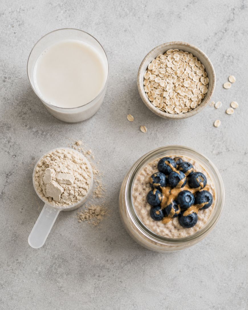 A glass of milk, a bowl of oats, a scoop of protein powder, and a jar of oatmeal topped with blueberries and nut butter, all on a gray surface.