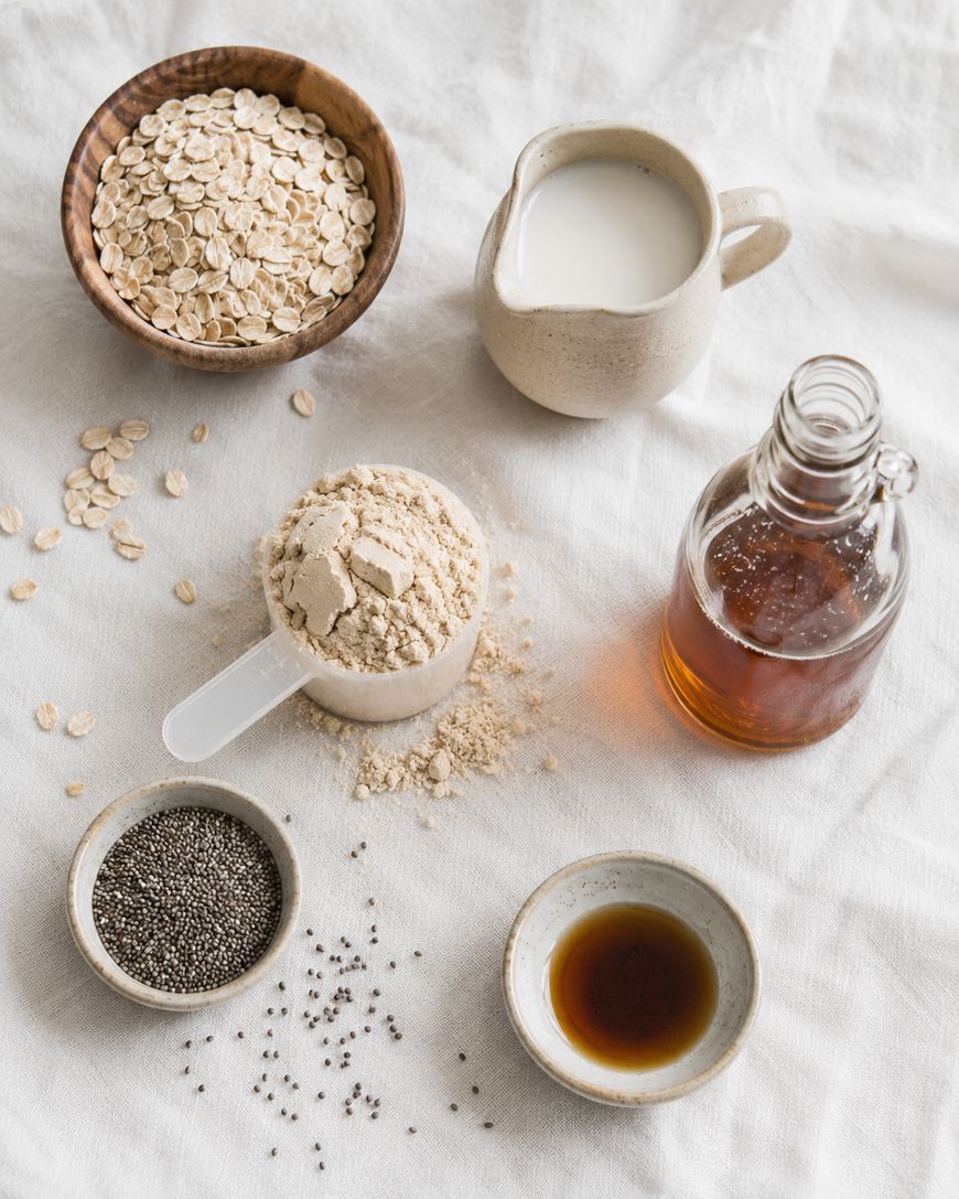 Oats, oat flour, chia seeds, a small pitcher of milk, a bottle of syrup, and a dish of vanilla extract arranged on a white cloth.