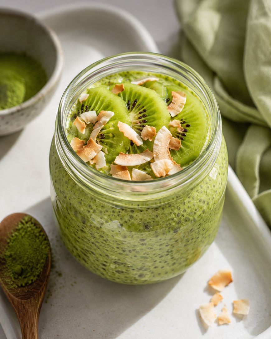 A jar of green chia pudding topped with fresh kiwi slices and toasted coconut flakes sits on a white tray, with a wooden spoon of matcha powder and a bowl of more matcha nearby.