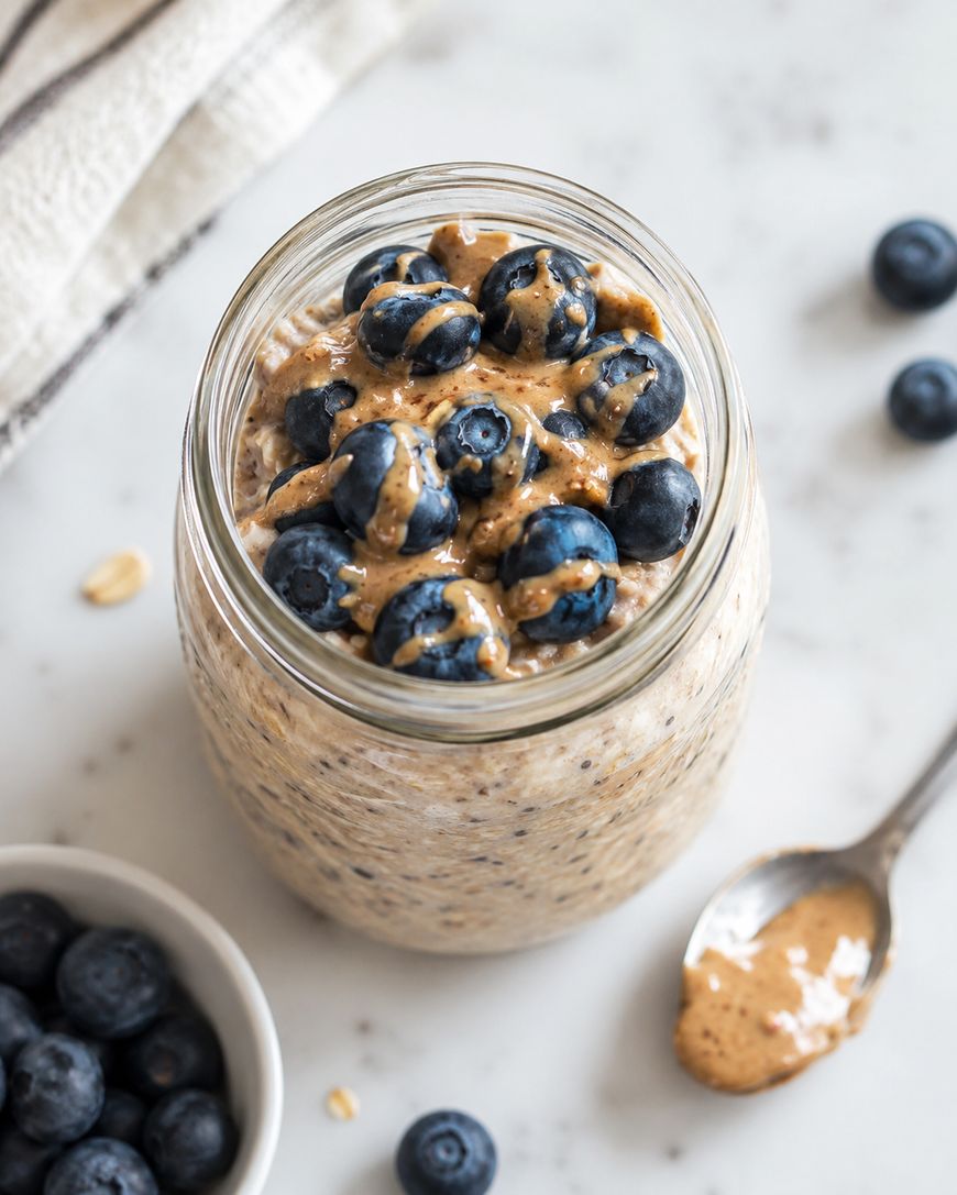 A jar of overnight oats topped with blueberries and almond butter sits on a marble surface, with a spoon and a small bowl of blueberries nearby.