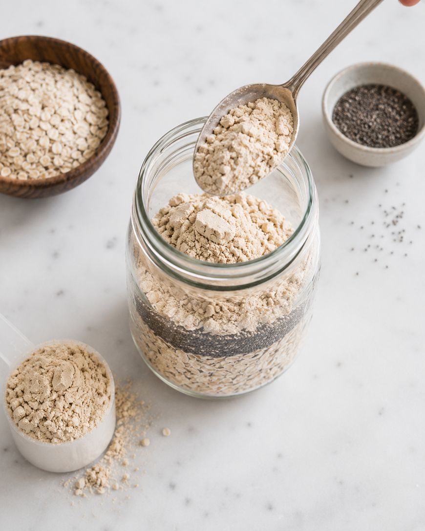 A spoon adds powder to a jar layered with oats and chia seeds. A bowl of oats, a small bowl of chia seeds, and a measuring cup with powder sit nearby on a white surface.