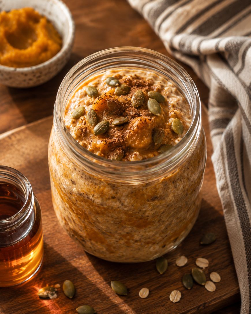 A jar of pumpkin overnight oats topped with pumpkin puree, cinnamon, and pumpkin seeds sits on a wooden surface beside a small jar of honey and a striped napkin.