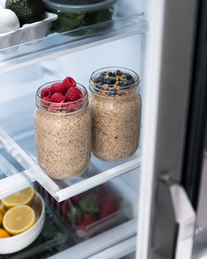 Two jars of overnight oats—one topped with raspberries, the other with blueberries—sit on a refrigerator shelf. Lemons, strawberries, eggs, and avocados are also visible in the fridge.