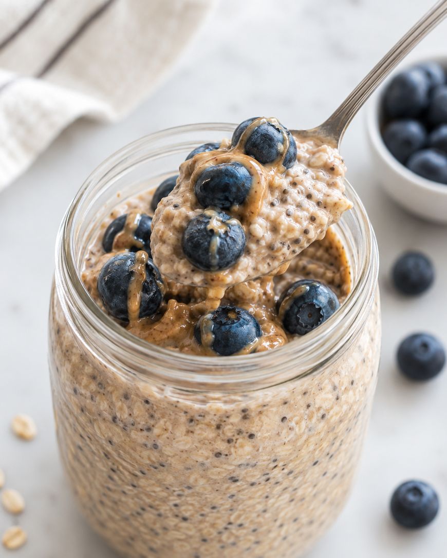 A spoonful of overnight oats with chia seeds, peanut butter, and fresh blueberries is lifted from a glass jar. More blueberries are scattered on the table nearby.