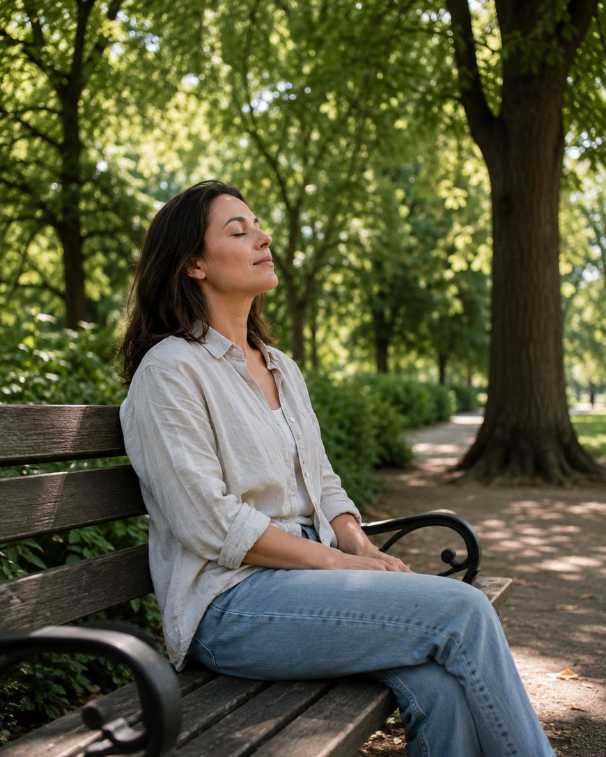 A woman sits peacefully on a park bench with her eyes closed, enjoying the sunlight and greenery around her on a bright day.