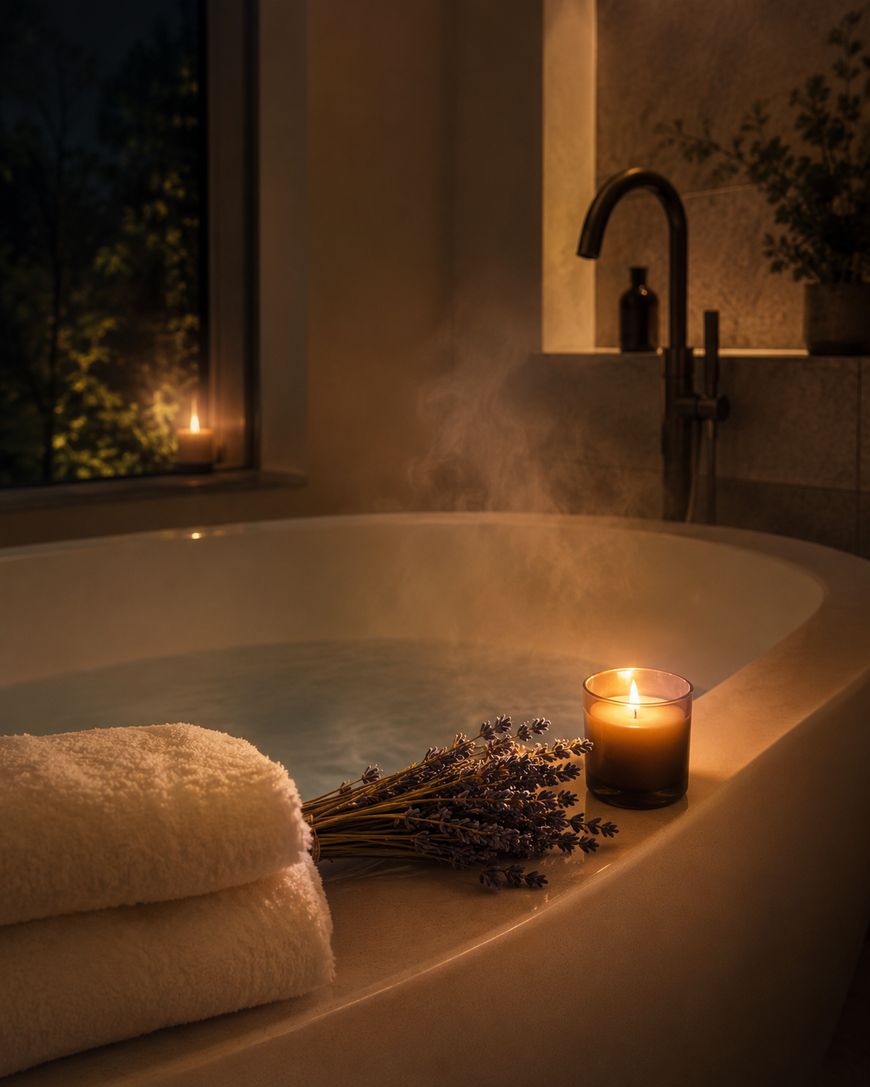 A steaming bathtub is surrounded by a lit candle, a bunch of lavender, and folded white towels, creating a calm and cozy atmosphere. A window shows trees in the evening light, adding to the tranquil scene.