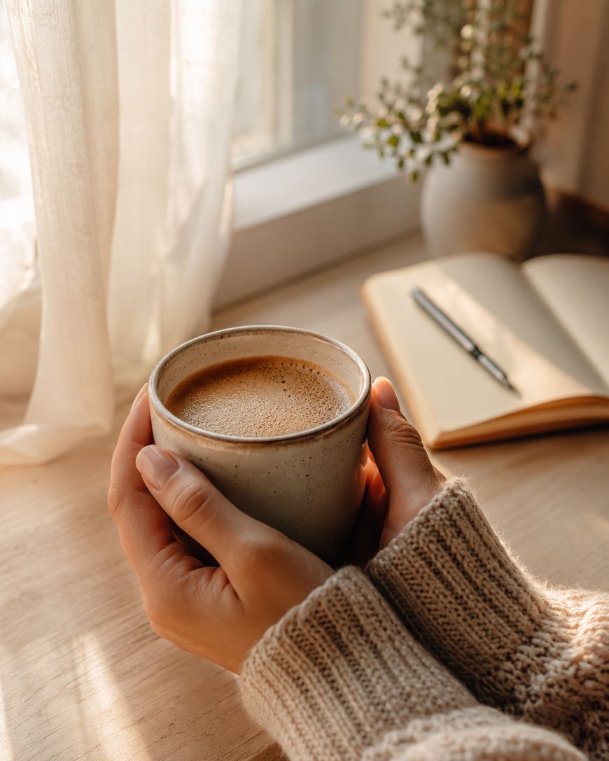 Hands in a cozy sweater hold a mug of coffee by a sunlit window. An open notebook with a pen and a small vase with greenery sit on the wooden table in the background.