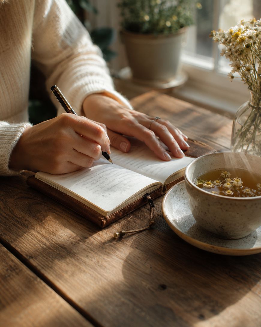 A person writes in a journal on a wooden table next to a cup of herbal tea, a saucer, and a vase of flowers, with sunlight streaming through a nearby window.