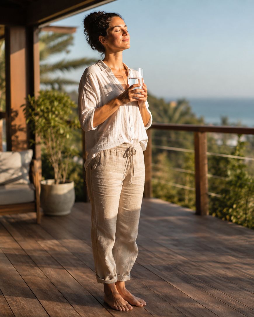 Woman in loose, light clothing stands barefoot on a wooden deck, holding a glass, eyes closed, and enjoying the sunlight. Lush greenery and a distant view of water are in the background.