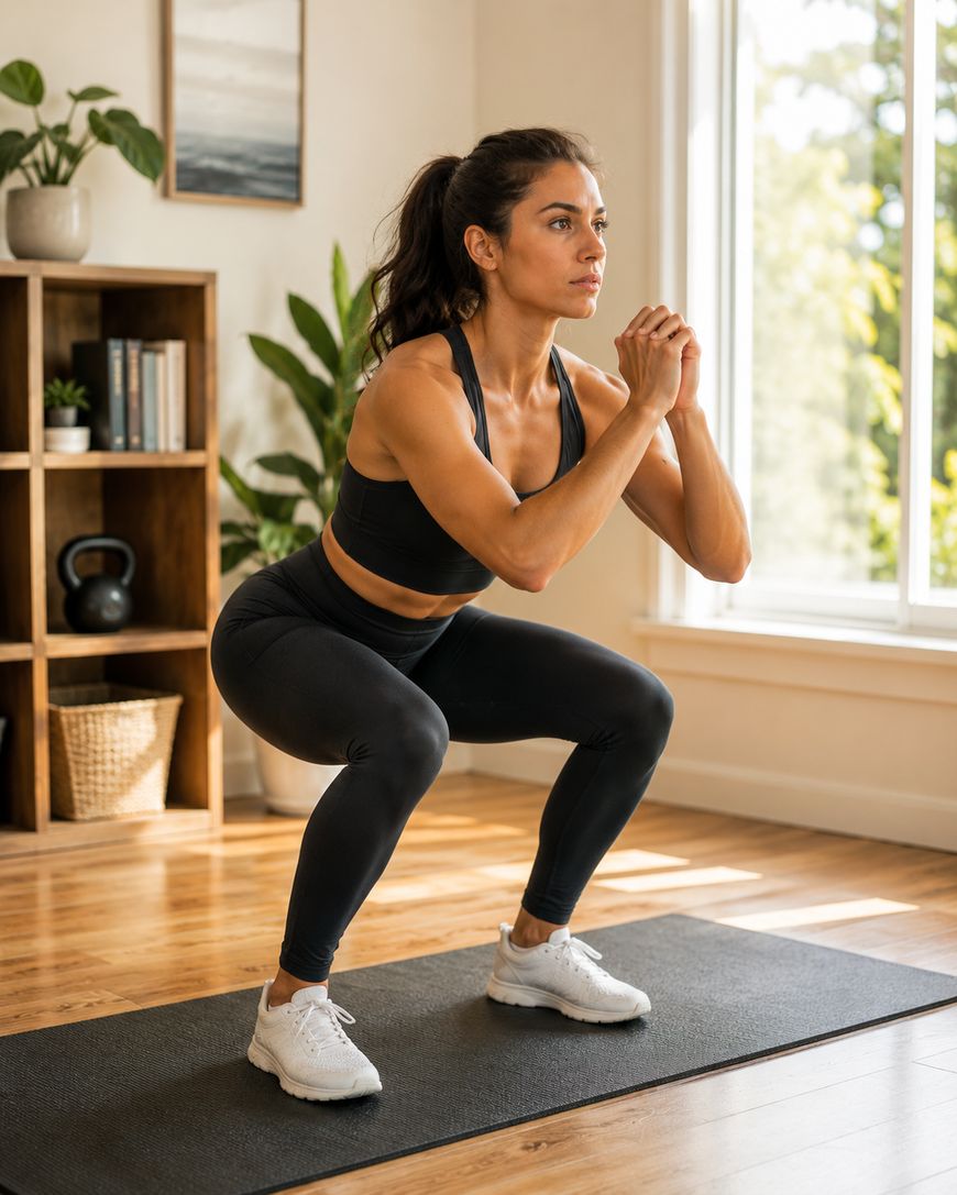 A woman in athletic wear performs a squat on a yoga mat in a bright living room with plants and shelves in the background.