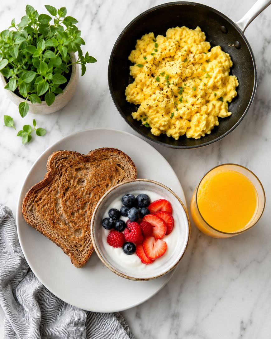 A breakfast spread with scrambled eggs in a pan, a plate with two slices of toast, a bowl of yogurt topped with strawberries, blueberries, and raspberries, a glass of orange juice, and a small potted plant.
