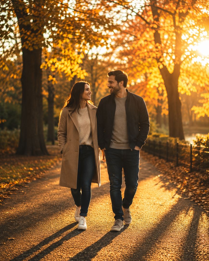 A couple walks together on a sunlit path in a park during autumn, surrounded by trees with golden leaves. They are smiling and looking at each other, wearing casual fall clothing.
