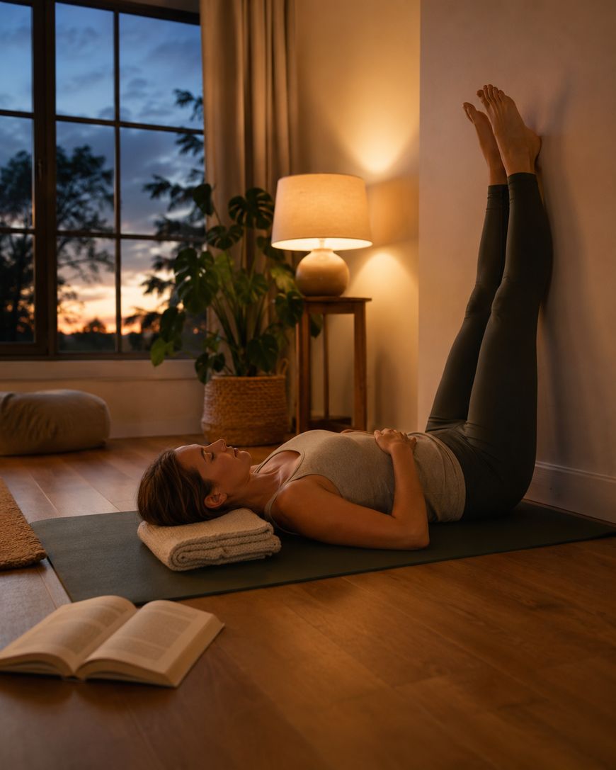 A woman lies on a yoga mat with her legs up against a wall, resting her head on a folded towel. An open book is nearby. The cozy room is softly lit by a lamp, with a large window showing a sunset outside.