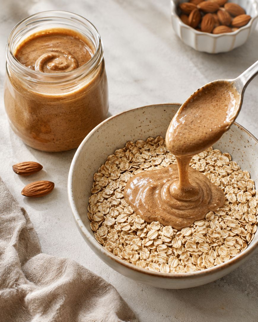 A spoon pours almond butter over a bowl of dry rolled oats. A jar of almond butter, whole almonds, and a small bowl of almonds sit nearby on a light countertop.