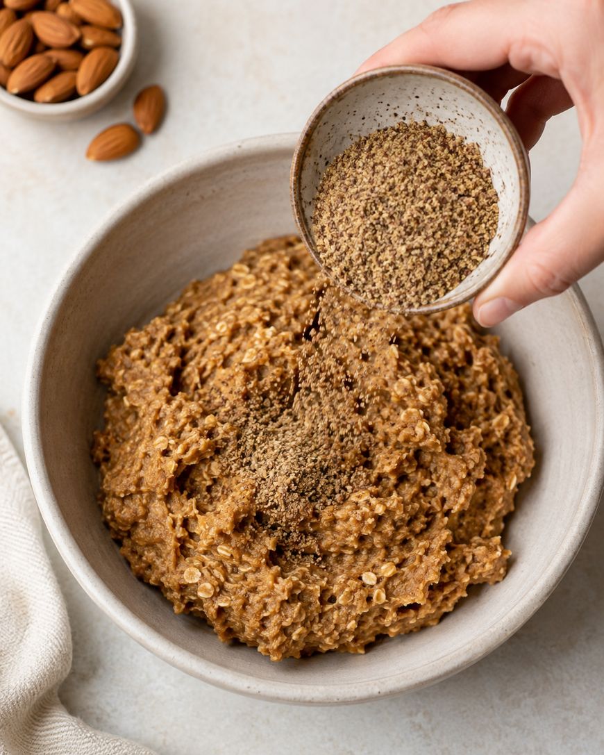 A hand sprinkles ground flaxseed from a small bowl onto a larger bowl of oatmeal mixture, with whole almonds in a dish nearby.