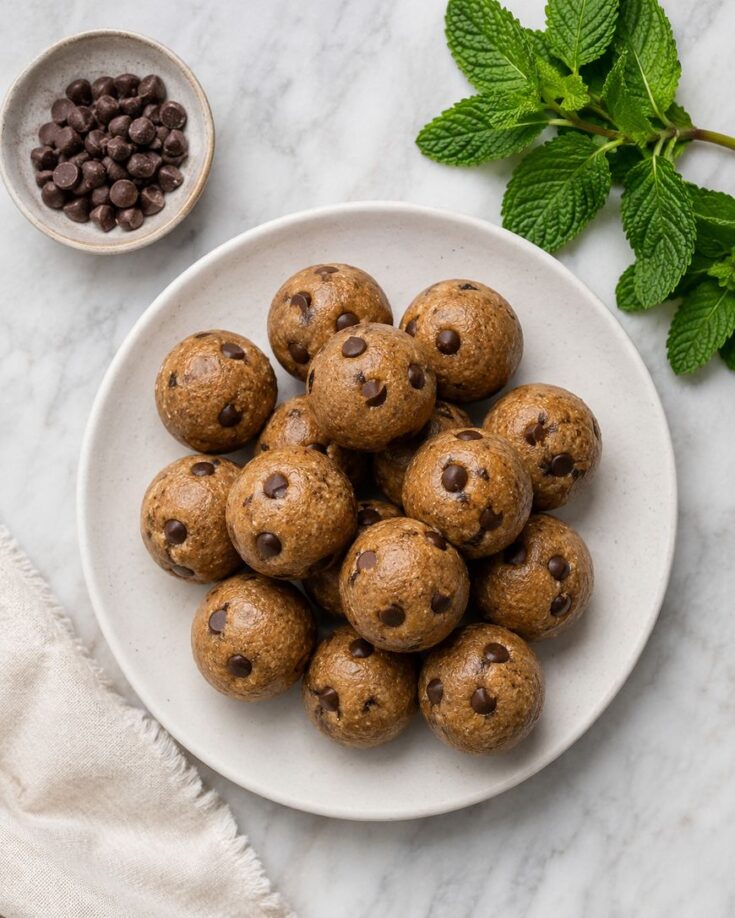 A plate of round chocolate chip cookie dough energy bites sits on a marble surface, with a bowl of chocolate chips and fresh mint leaves nearby.