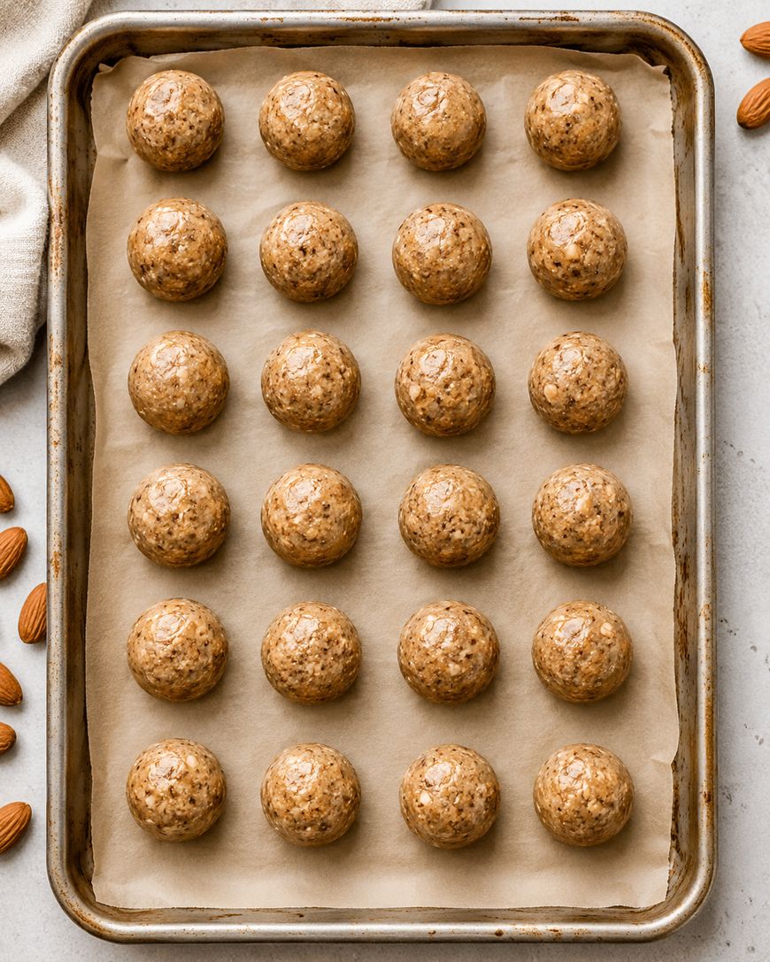 A baking tray lined with parchment paper holds 24 evenly spaced, round balls of unbaked cookie dough, with some whole almonds scattered nearby.