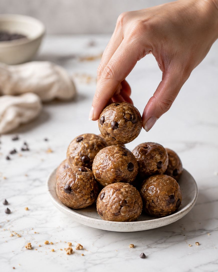 A hand lifts a chocolate chip energy ball from a small plate stacked with several similar balls on a marble surface, with chocolate chips and a bowl in the background.