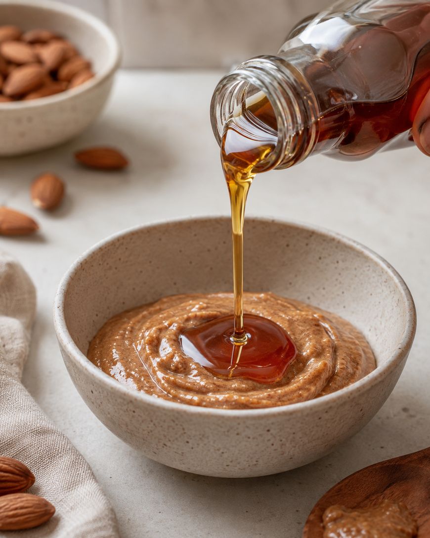 A bottle pours golden syrup into a bowl of creamy almond butter, surrounded by whole almonds and a neutral-colored napkin on a light surface.