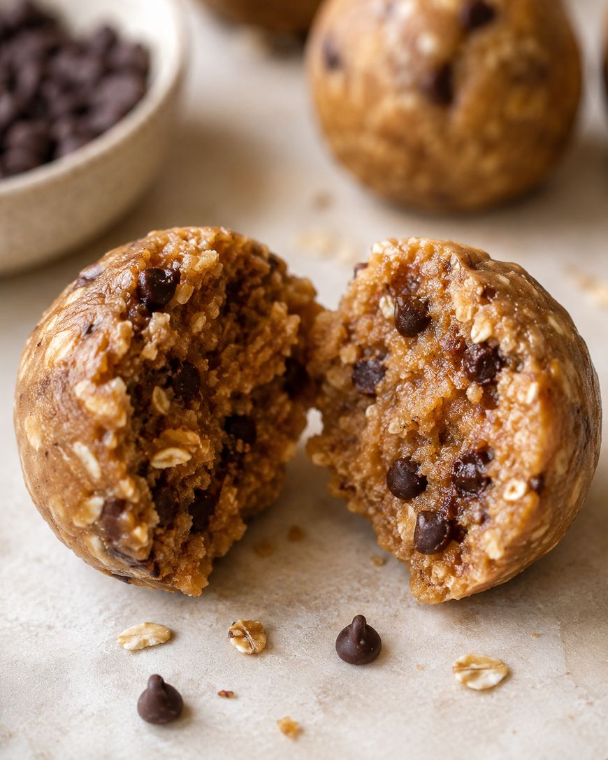 A close-up of a cookie dough energy bite broken in half, showing chocolate chips and oats inside. More whole energy bites and a bowl of chocolate chips are in the background.