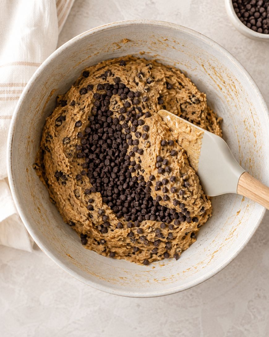 A mixing bowl with chocolate chip cookie dough and a spatula. The dough is speckled with mini chocolate chips, and a white towel is nearby.