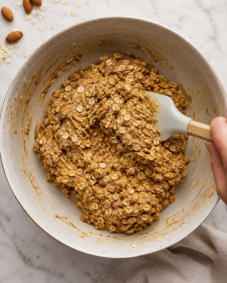 A hand stirs oatmeal cookie dough with a spatula in a large bowl on a marble surface, with scattered oats and almonds nearby.