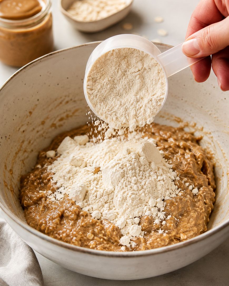 A hand pours flour from a measuring cup into a mixing bowl filled with a thick, brown batter. Other ingredients and bowls are visible in the background.