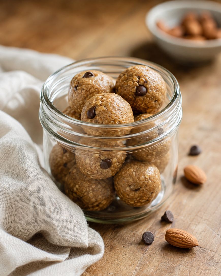 A glass jar filled with oatmeal energy bites topped with chocolate chips sits on a wooden surface, with a light cloth and scattered almonds nearby.