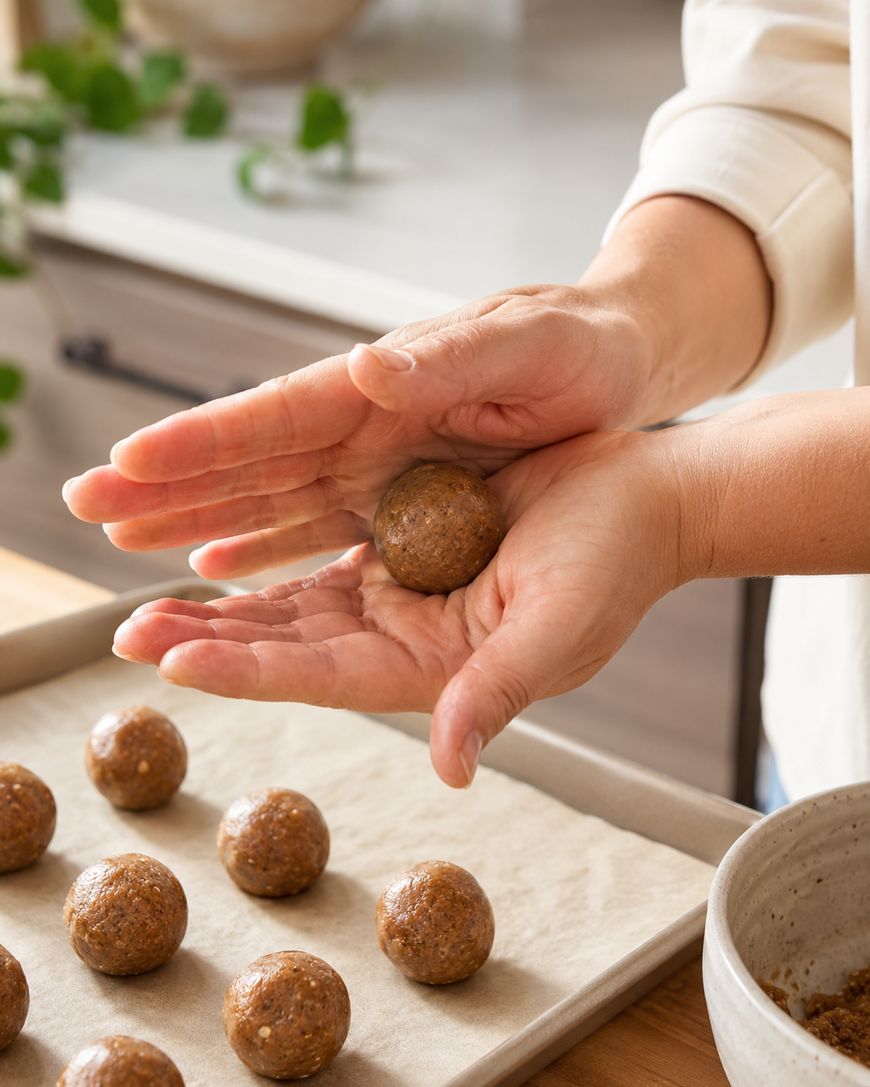 A person rolls a round ball of dough between their hands over a tray lined with parchment paper, which has several similar dough balls arranged on it.