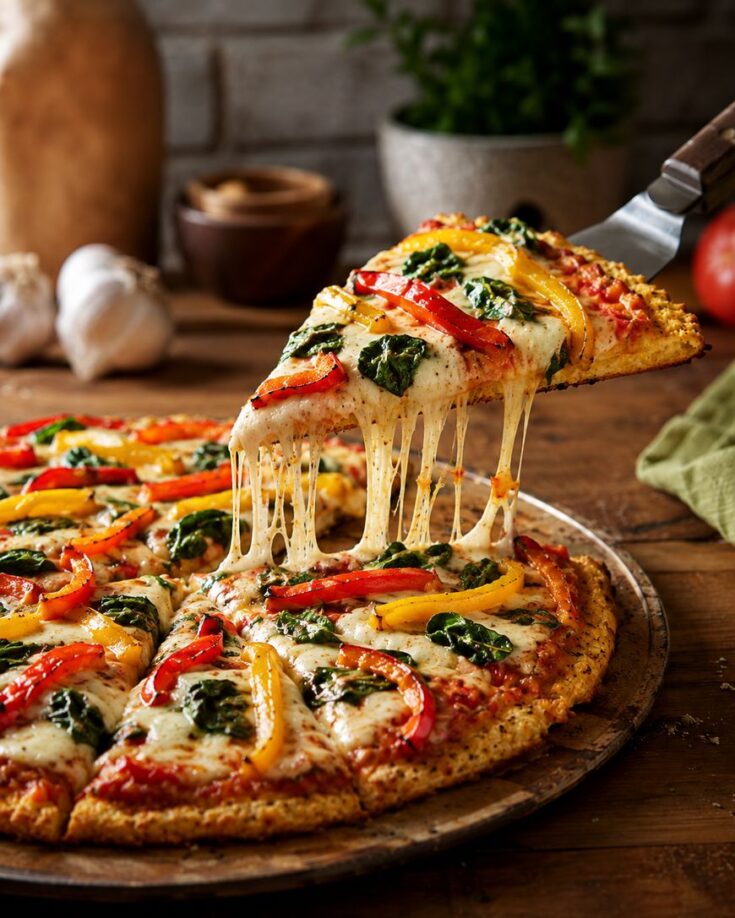 A hand lifts a slice of vegetable pizza with melted cheese stretching, topped with spinach and colorful bell peppers, from a wooden pizza board on a rustic table.