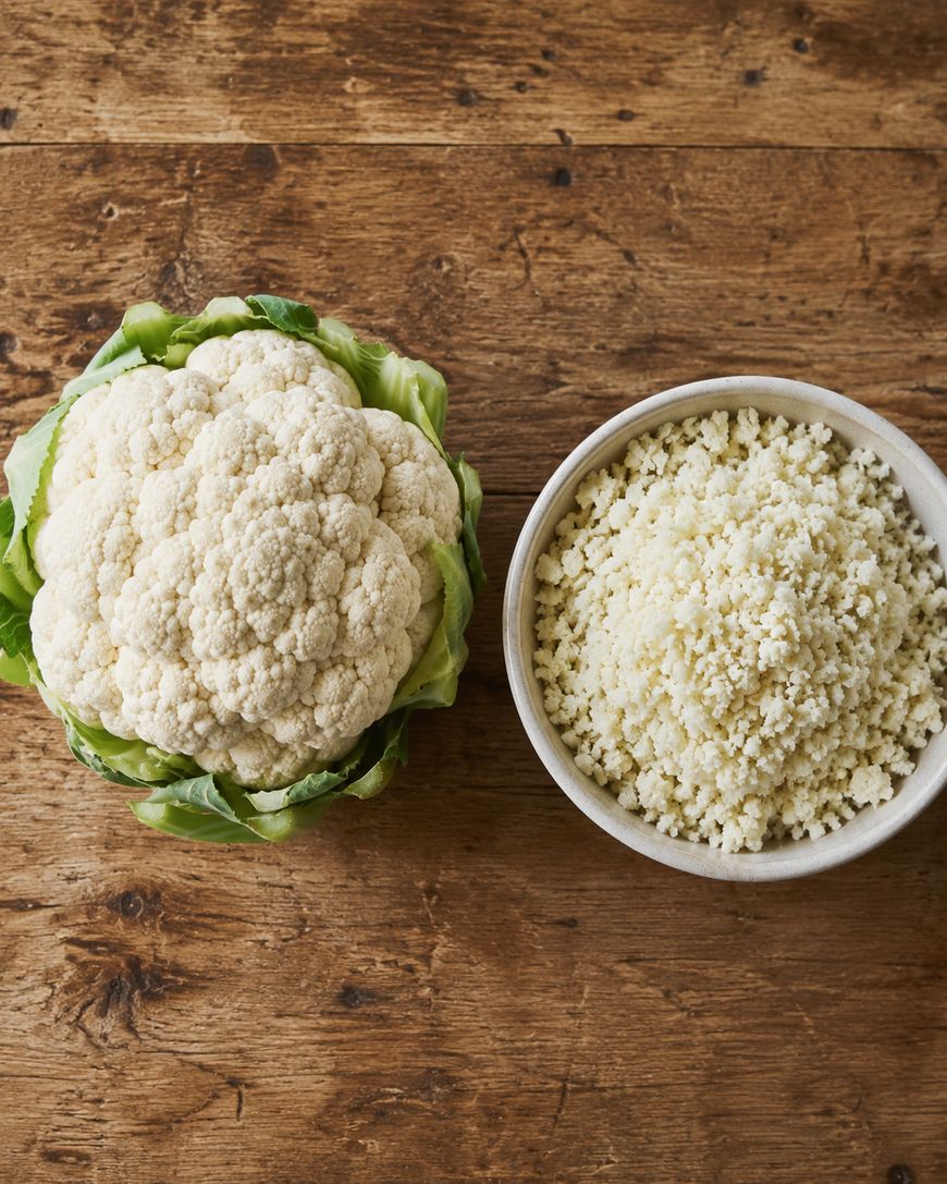 A whole head of cauliflower sits next to a bowl filled with cauliflower rice on a wooden surface.
