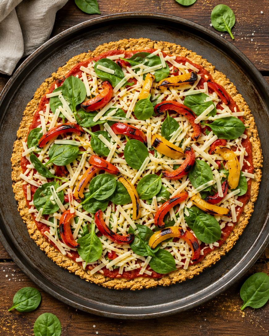 A baked pizza with a golden crust, topped with shredded cheese, spinach leaves, red and yellow bell pepper slices, on a round pan over a wooden table. Spinach leaves are scattered around the pan.