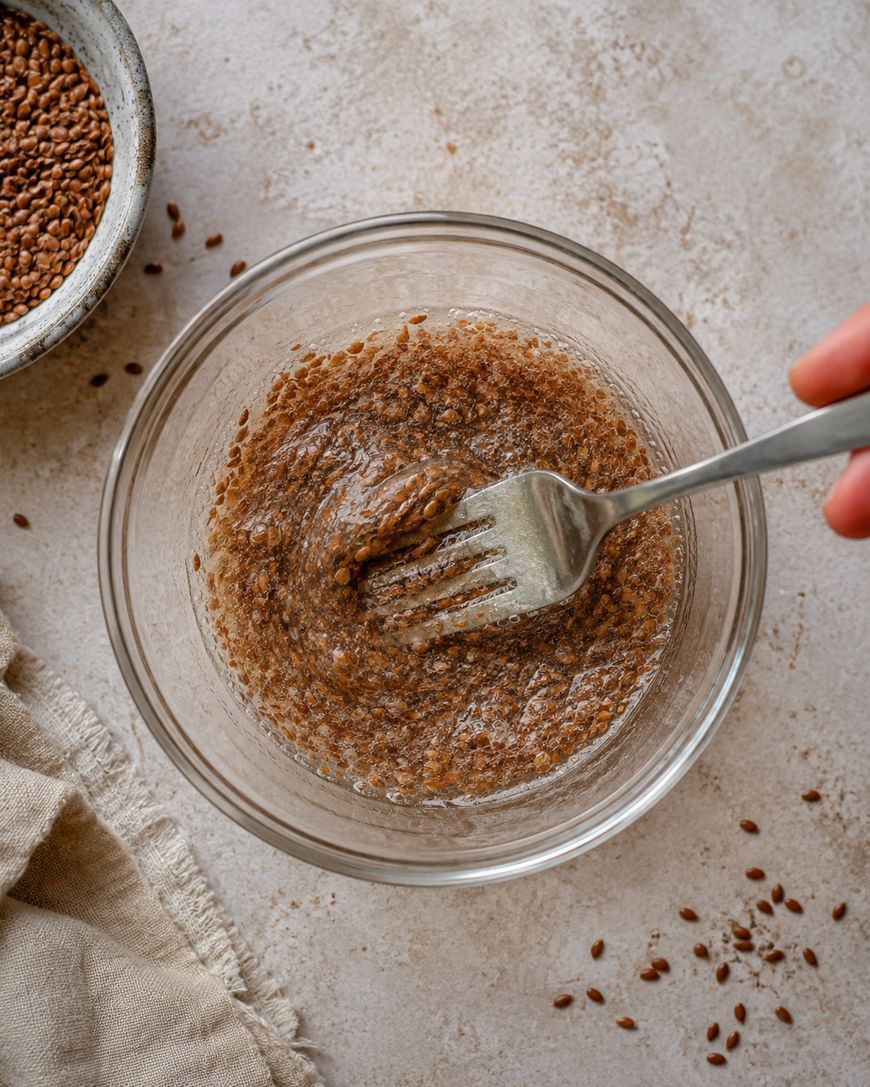 A hand mixing ground flaxseeds and water in a clear glass bowl with a fork, making a flaxseed egg. Flaxseeds and a cloth napkin are nearby on a light countertop.